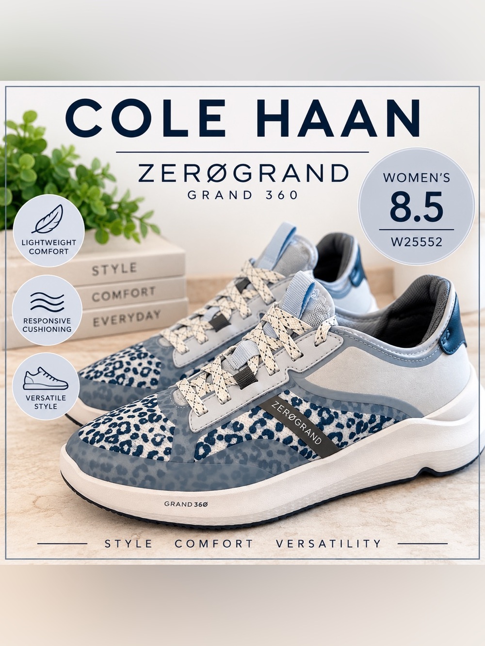 Cole Haan ZERØGRAND Leopard Print Sneakers Blue Gray Women’s 8.5 W25552